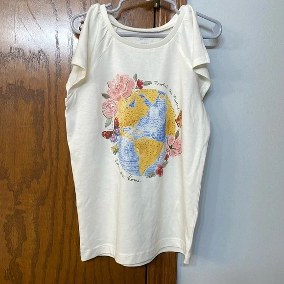CARTERS NWT Girls Size 7 Split Sleeve T-shirt world globe cream yellow pink 🌎 - Picture 2 of 9